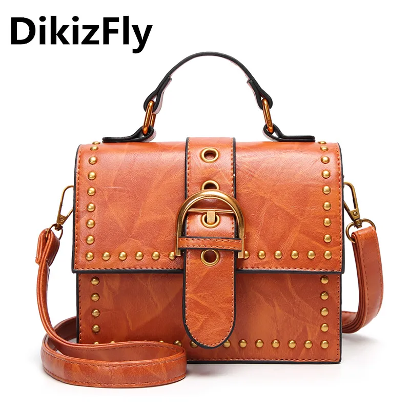 

DikizFly Women Leather Bag Brand Designer Rivet Handbags Fashion Solid Style Shoulder Bag Luxury Small Totes Crossbody Bags 2018