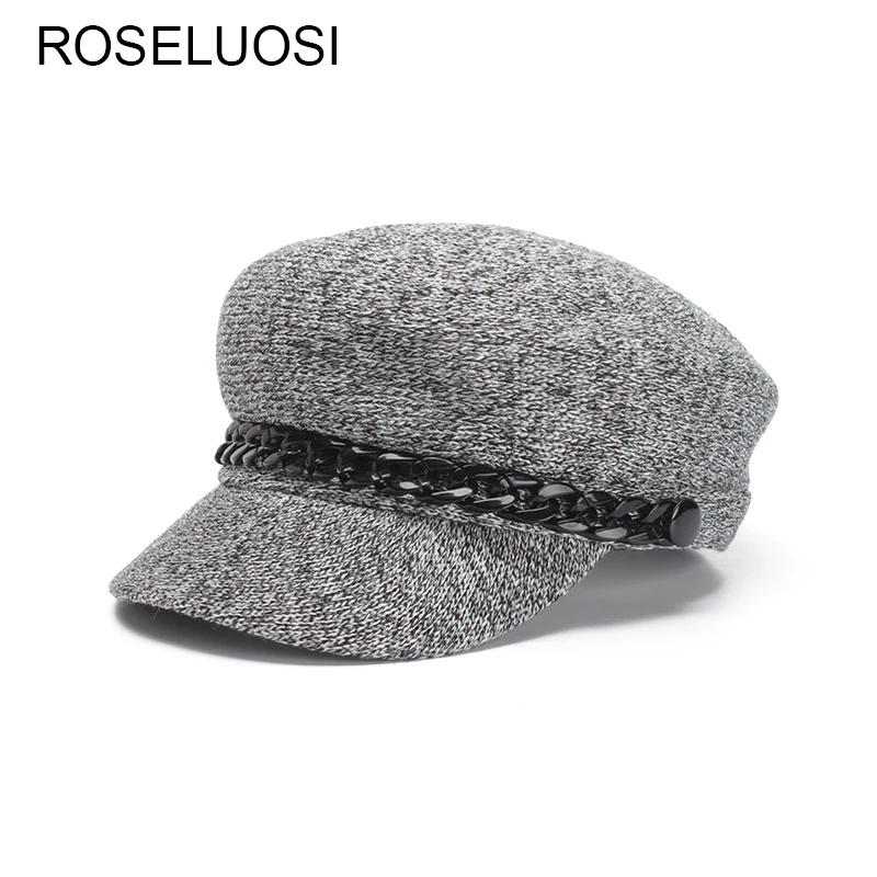 ROSELUOSI Women Spring Summer Military Hats Fashion Knitted Newsboy Caps With Chain Female Octagonal Cap Chapeau Femme | Аксессуары для