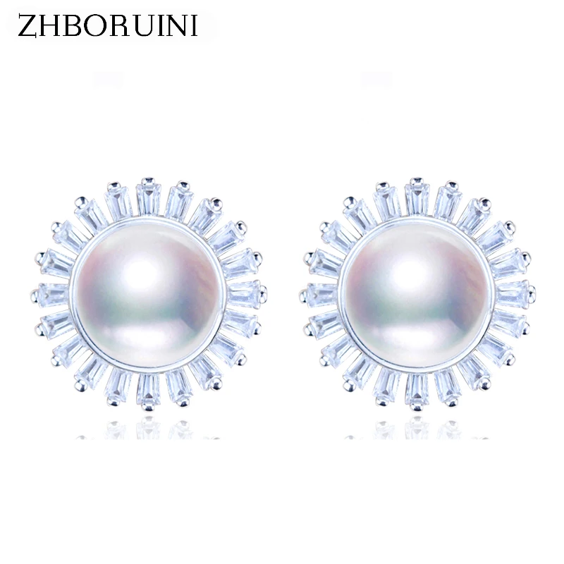 

ZHBORUINI Fashion Pearl Earrings For Women Natural Freshwater Pearl Round 925 sterling Silver Earrings Pearl Jewelry Girl Gift