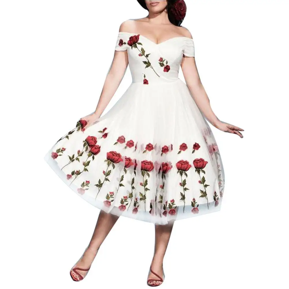 

Vintage Rose Embroidery Off Shoulder Sexy Floral Christmas V Neck Short Sleeve Lace Empire Mesh Women Midi Dress 2018 Summer