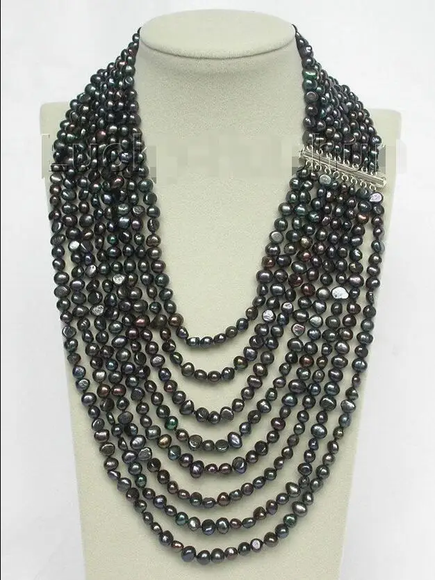 

Free Shipping >>> 17"-24" 8row baroque Black pearls necklace 925 silver clasp j8755
