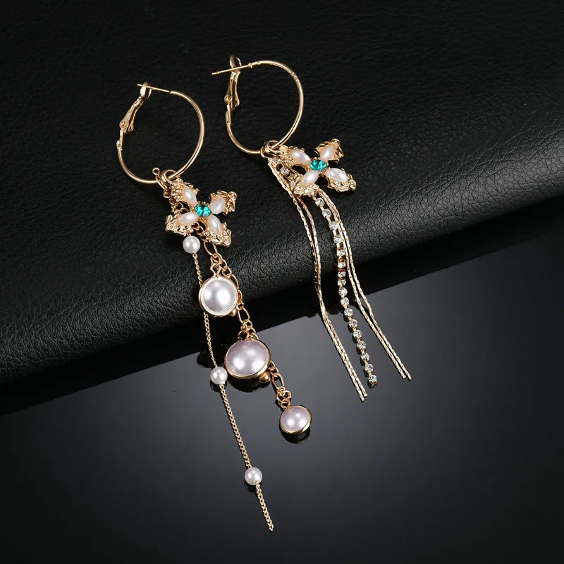 

Terreau Kathy Women Fashion Accessories Vintage Earrings Charm Asymmetry Cross Simulated Pearl Jewelry Long Chain Tassel Earring