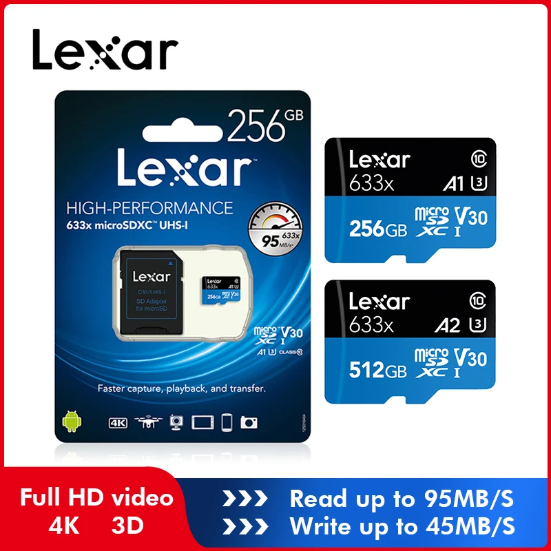 

Original Lexar 95mb/s 633x Micro sd card 512GB 64g 128g 256GB Memory Card Reader Uhs-1 For Drone Gopro Dji Sport Camcorder