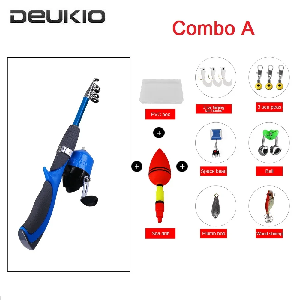DEUKIO الجليد الصيد بكرة كومبو 1.3 m تلسكوبي قصبة صيد خشبية قضيب مختومة بكرة مع إغراء هوك تعويم إنذار مربع عدة الصيد معالجة مجموعة