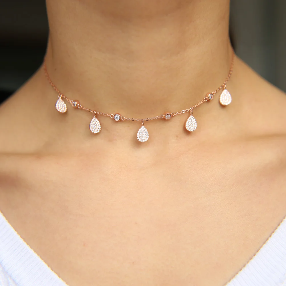 

2018 trendy 925 fine silver short necklace Girls Bezel Cz Station Necklace Simulated Yard Tear Drop layer Choker necklace