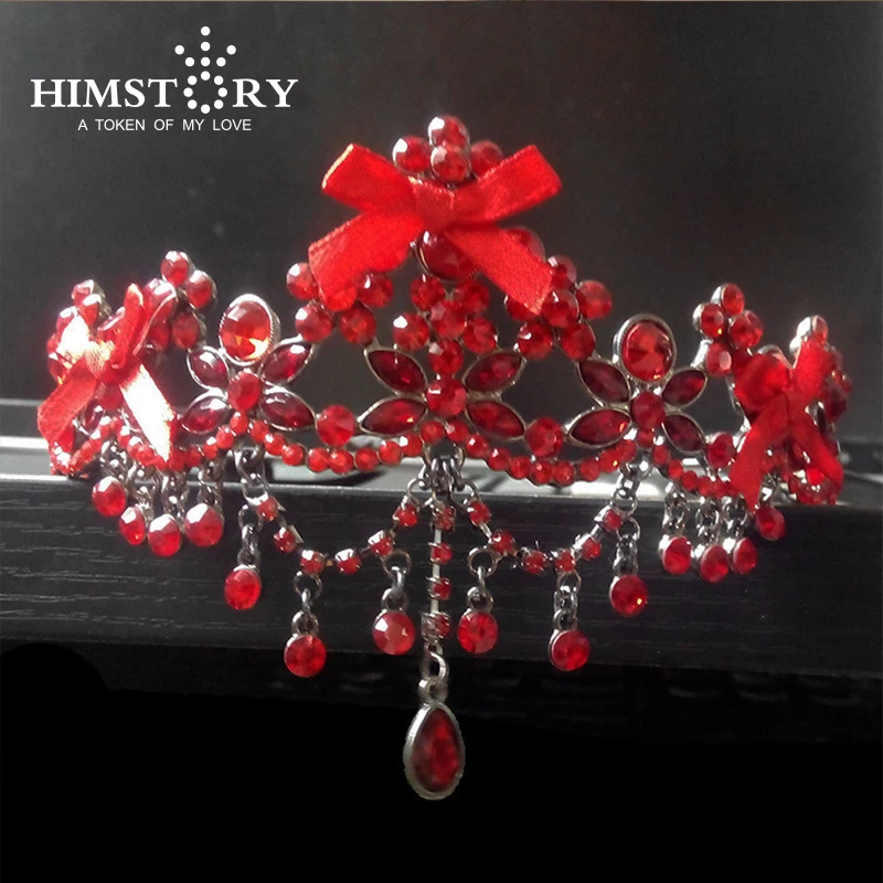 

HIMSTORY Elegance Red Handmade Crystal Wedding Crown and Tiara ,Lace Bowknot Rhinestone Princess wedding Hair Pageant Crown