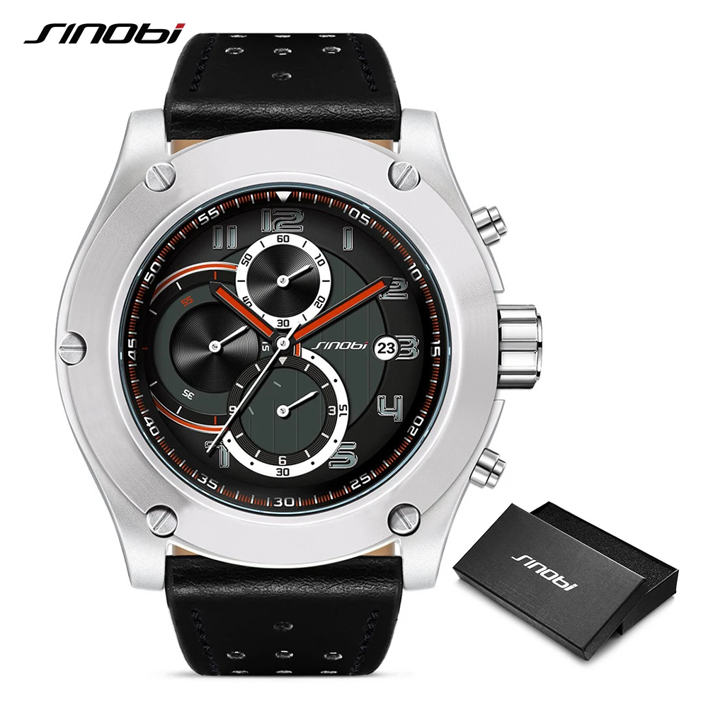SINOBI Chronograph Wacth Mens Sports Wrist Watches Date Waterproof Males Geneva Quartz Clock Milita