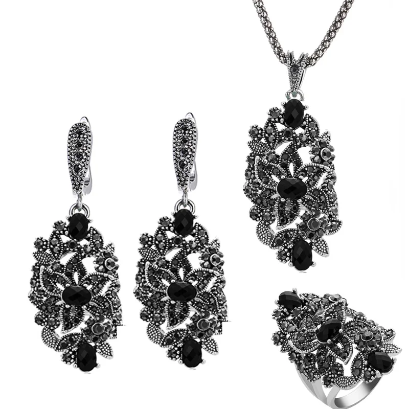 Ajojewel Brand Vintage Jewelry Sets For Women Black Crystal Hollow Flower Necklace Earrings Ring Jewerly Ajojewel Brand Vintage Jewelry Sets For Women Black Crystal Hollow Flower Necklace Earrings Ring Jewerly