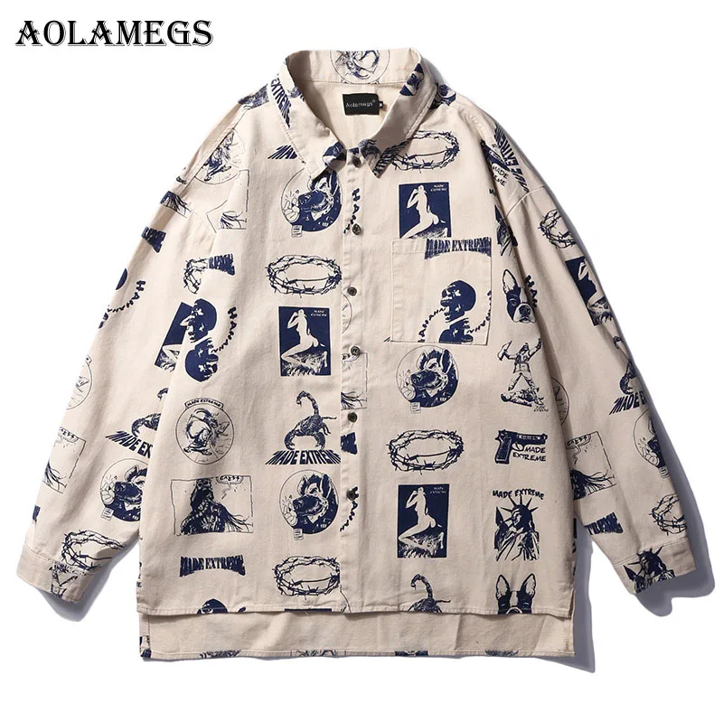

Aolamegs Shirts Men Multi Printed Male Shirts Thin Cotton Full Sleeve Shirt Pocket Fashion Casual College Loose Style Streetwear