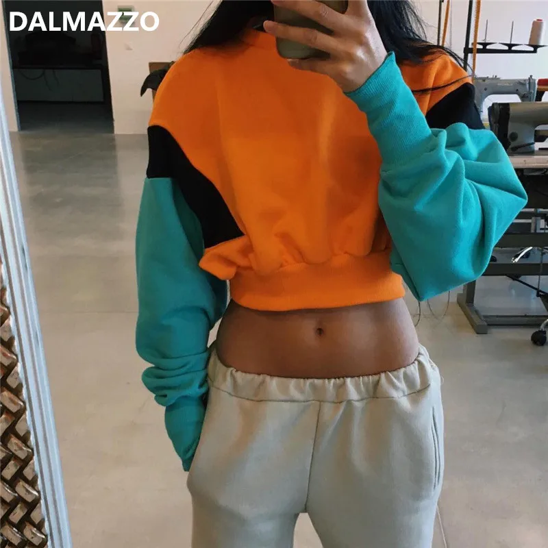 

Women Fashion Stitching Candy Color Leaking Navel Sweatshirt 2018 Newest Autumn Long Sleeve Pullovers Sport Dancing Short Tops