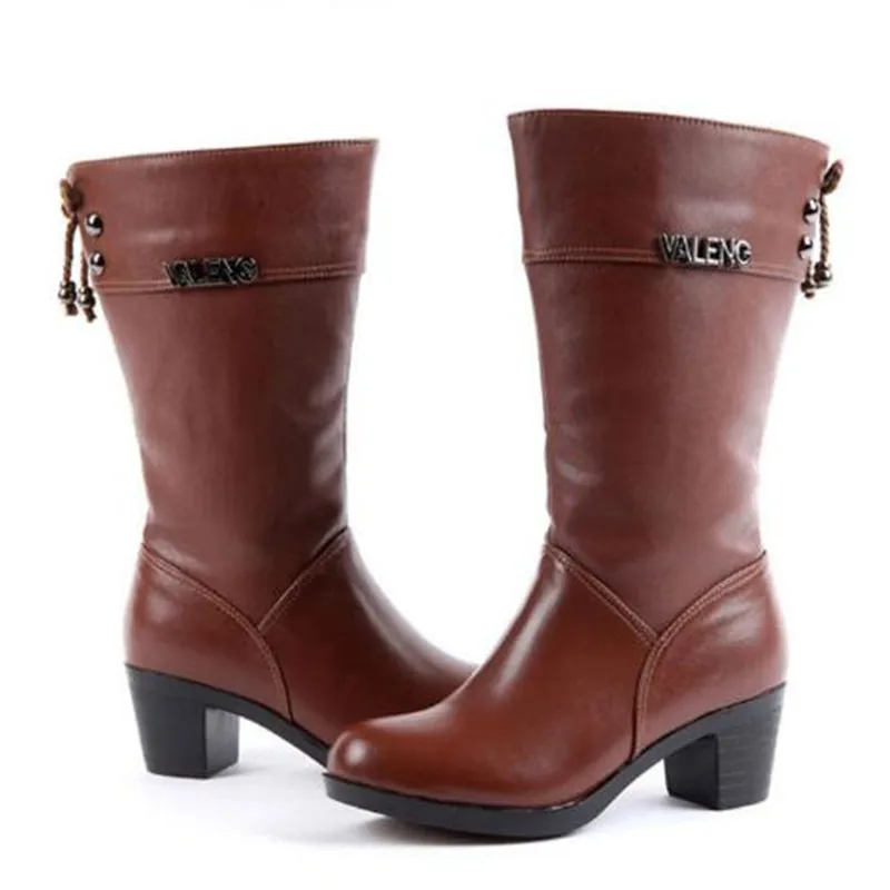 Top Cowhide Plush / Wool Women Shoes Warm Boots Genuine Leather Boots Plus Size In-tube Snow Winter Shoes Women