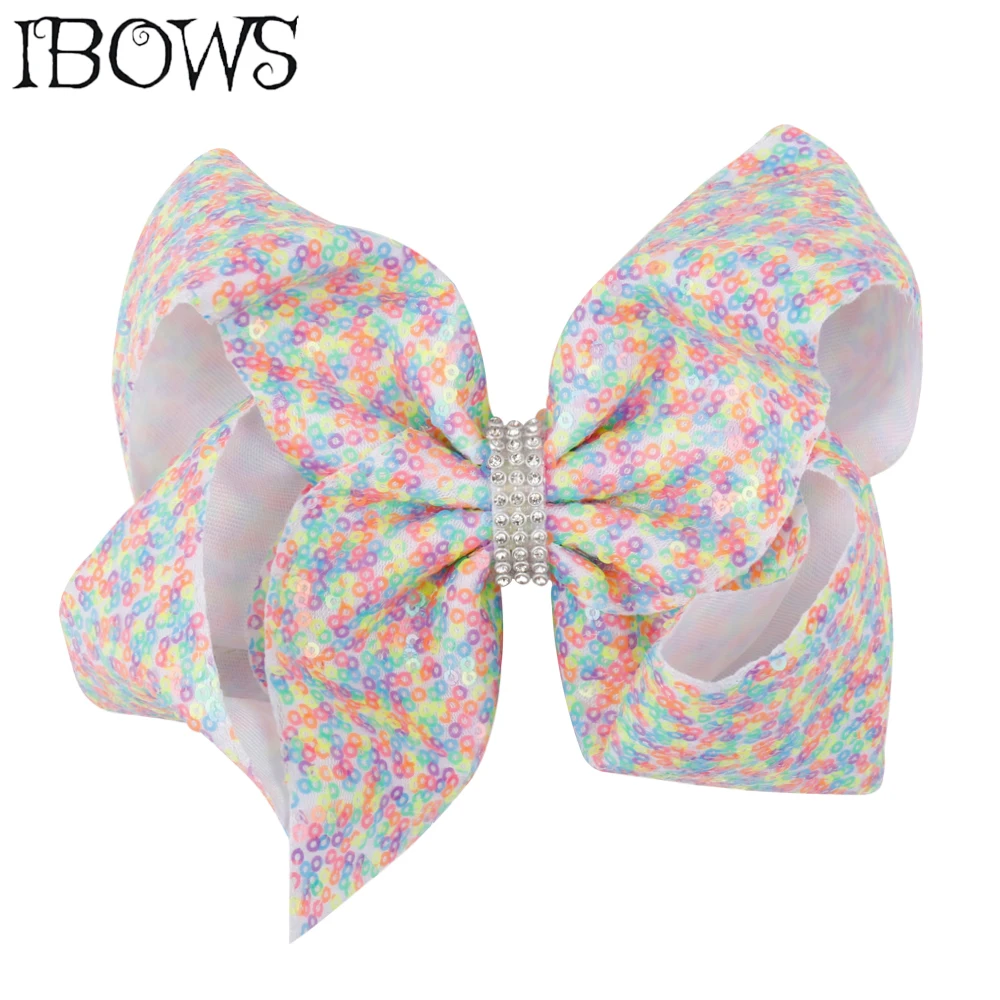 

IBOWS Hair Accessories 7 Inch Hair Bow Sequin Hair Clips For Girls Rainbow Haibow Handmade Rhinestone Hairgrips Headwear