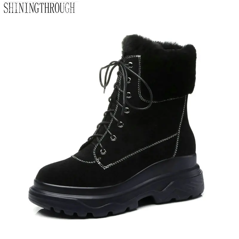

Genuine Leather Women Ankle Boots Fashion Lace Up Round Toe All Match Square High Heel Platform Women Boots Size 34-39