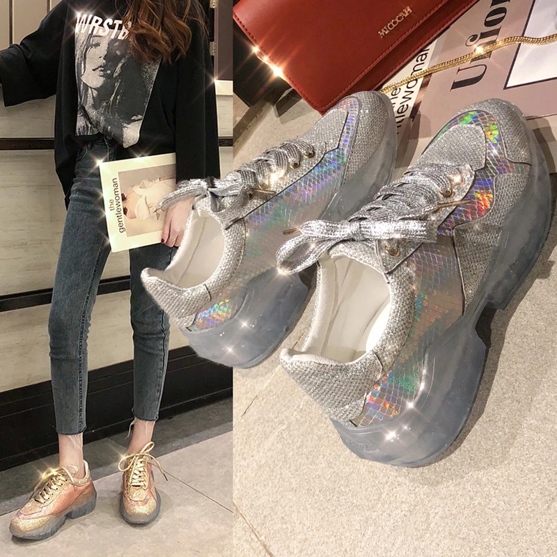 

2019 New Spring Platform Sneakers Women Bling Flats Breathable Walking Shoes Fashion Creepers Ladies Flat Shoes XWD7662