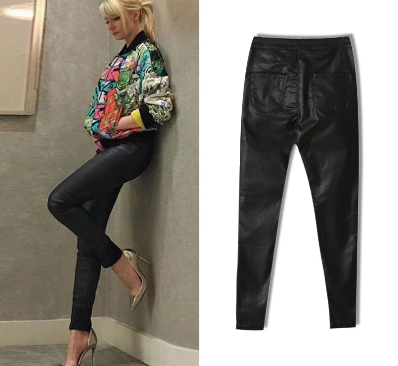 2017 New Hot Eu Models Women Sexy Slim PU Pockets Leather Pencil Pants Motor Style All-Match Fleece Trousers Slim Faux Leather (6)