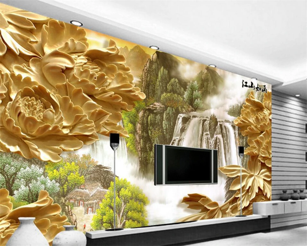 Beibehang Custom wallpaper 3D stereo relief flower waterfall mural wallpaper for wall 3d living room bedroom 3d wallpaper mural custom mural wallpaper 3d european three dimensional relief golden couple architectural background wall mural