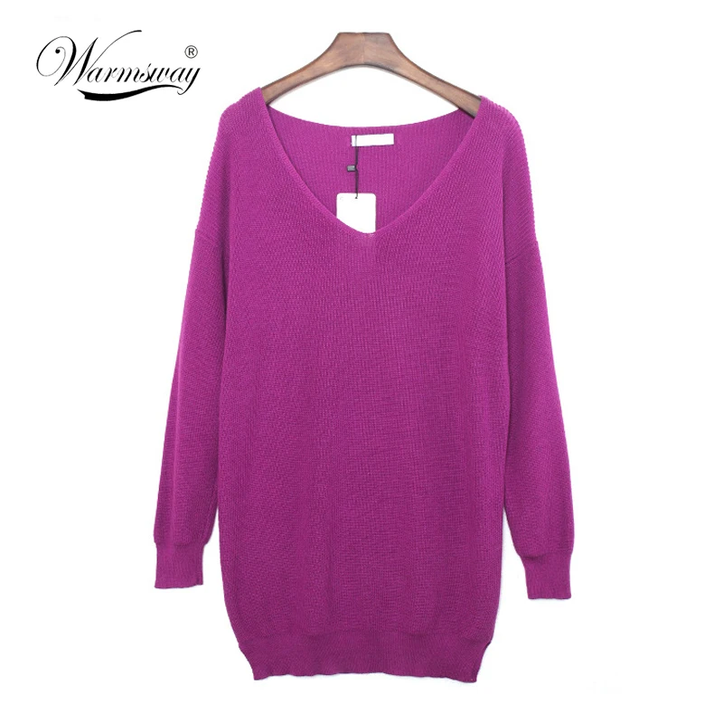 Red Gray Purple V Neck Drop Shoulder Sweaters for Women Autumn Sexy Pullovers  Long Sleeve Oversized Loose Sweater Dress WS-125