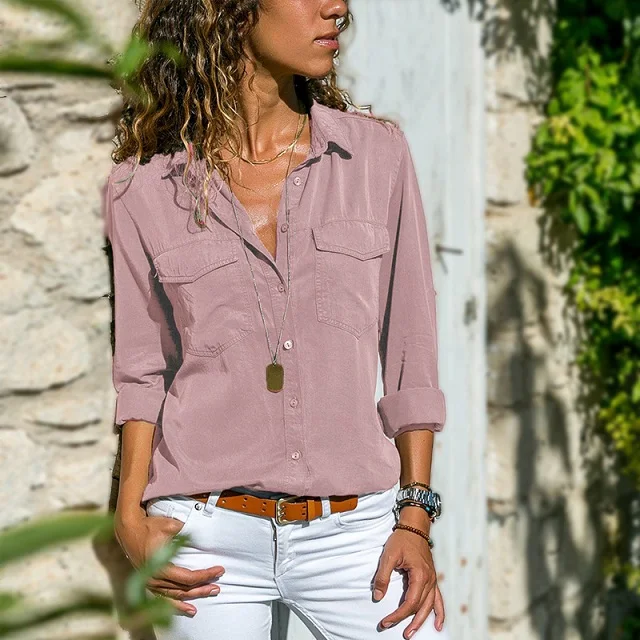 

2019 autumn and winter new ladies cotton shirt lapel long sleeve pocket shirt women's clothing