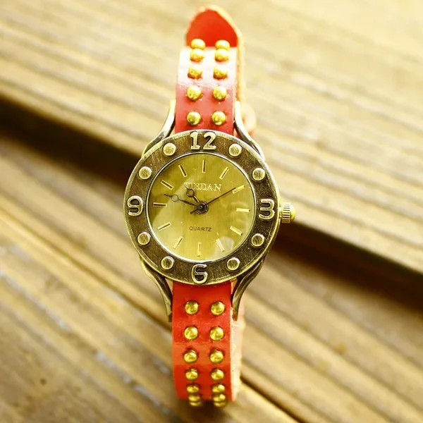 Vintage rivets single-circle wire nail digital genuine cowhide bracelet male women wristwatches leather watch | Наручные часы