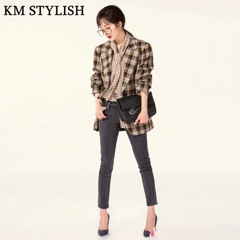 2018 Autumn Retro Contrast Color Plaid Blazers + Bow Collar Chiffon Shirt + Grey Black Jeans 3 Piece Set Women's Sets