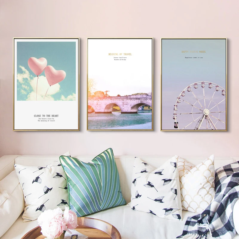 

Pink Girl Heart Happy Ferris Wheel Canvas Painting Love Hot Air Balloon Poster Nordic Living Room Decoration Bridge Wall Picture