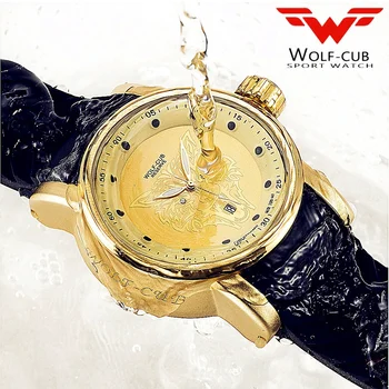 

Original design personalized sports gold watch man dial Wolf head Rhinestone Japan original calendar movement USA Wolf-cub