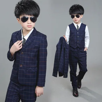 

Autumn Boys Wedding Suit 4 Pcs Kids Plaid Outfits Boys Cotton Vest+Blouse+Coats+Pants 4 Pieces Clothing Sets Boys Blazer G192