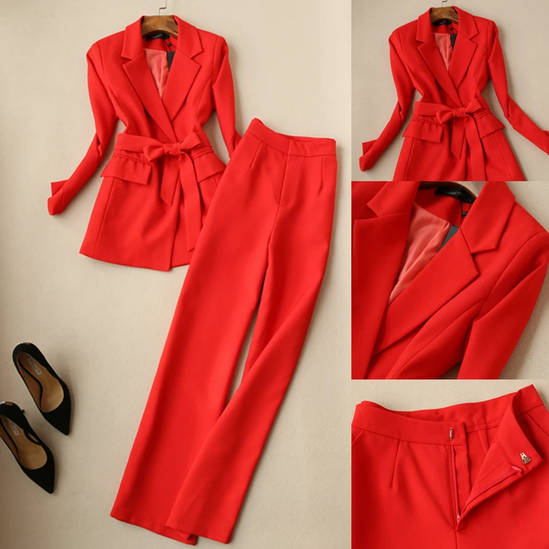 Fashion red suit suit female 19 new women's spring Korean casual temperament wide leg pants suit women OL two-piece suit women