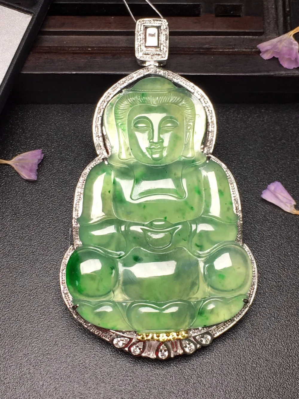

505 Fine Jewelry Real Pure 18 K White Gold jewel Buddha Natural Burmes Jade Gemstones Jadite Pendant Necklace Pendants Necklaces