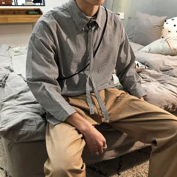 

2019 Summer New Pattern Send Necktie Seven Part Sleeve Shirts Lattice Printing Loose Fashion trend Black/blue Color Shirts M-XL