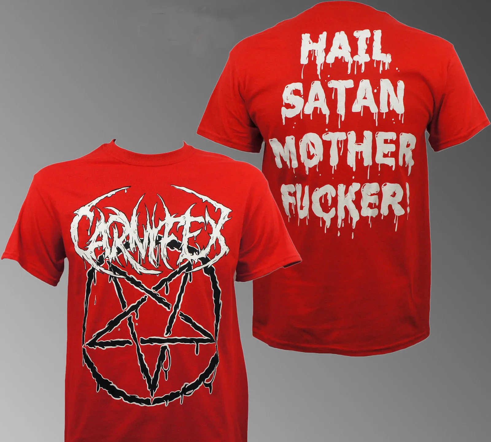 

Summer Short Sleeves Cotton Fashiont Shirt Authentic Carnifex Band Pentagram Hail Satan Red T Shirt S M L Xl New