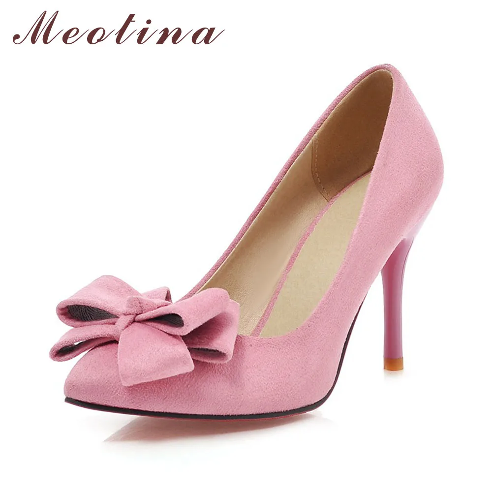 Meotina Новая модель туфель женские туфли-лодочки женские весенние туфли для вечеринки с бантами на высоком каблуке с острым носком цвета розовый черный большие размеры 9 10 43