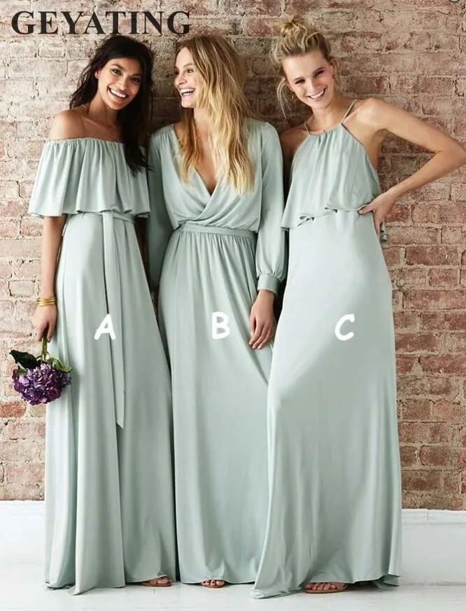 2019 Cheap Sage Long Bridesmaid Dresses Mint Green Chiffon Boho