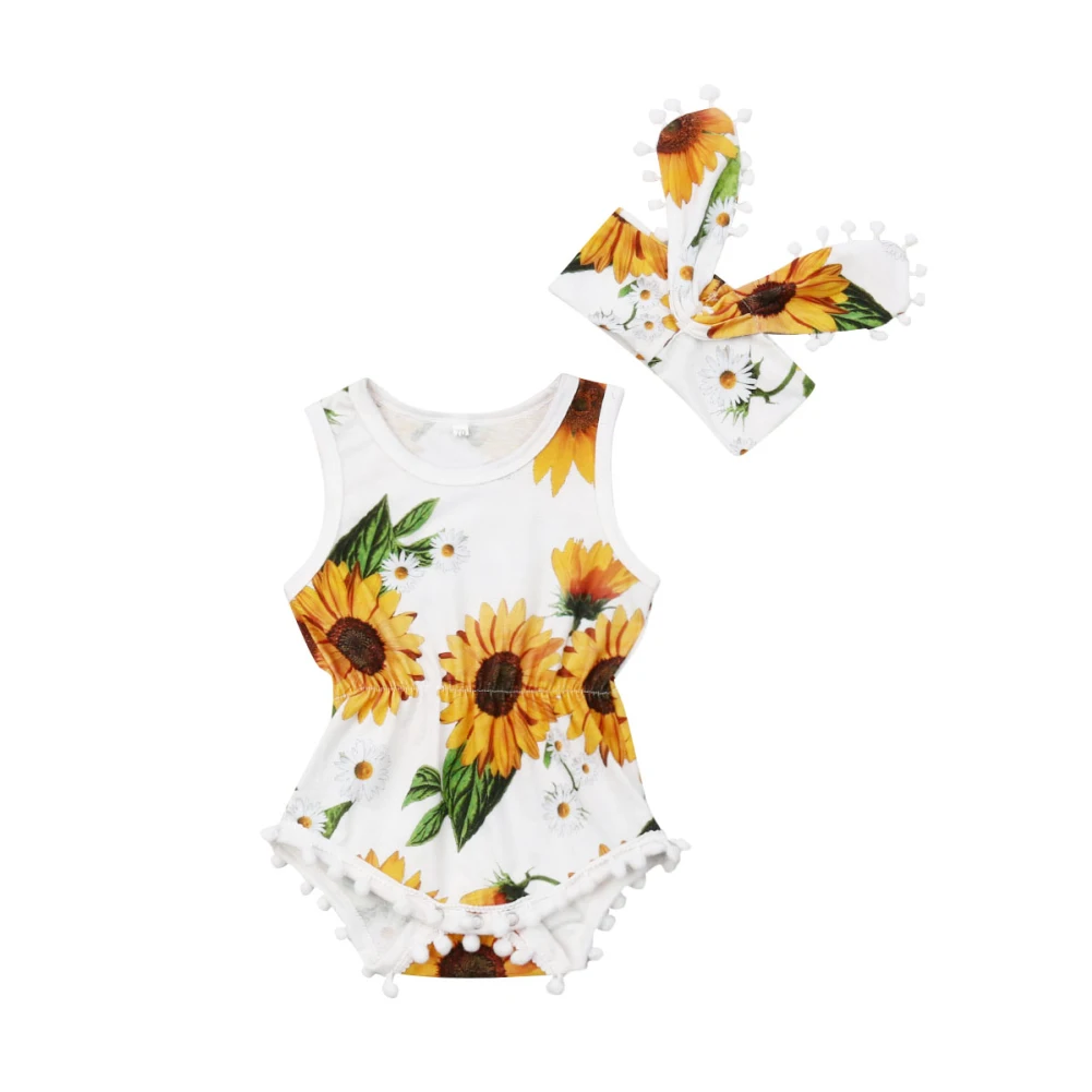 Одежда для малышей комплект из 2 предметов, боди без рукавов с бахромой и подсолнухом для маленьких девочек комбинезон+ повязка на голову