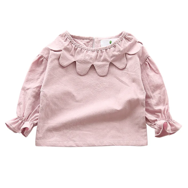 New Fall Long sleeve Solid Baby Girl T shirts Floral Collar O Ncek Toddler Top Toddler Shirt