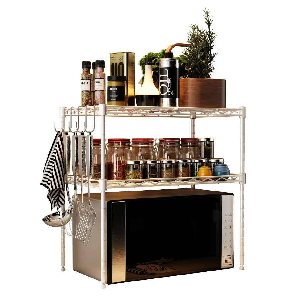 

Metal Kitchen Storage Shelf 3-Tier Iron Frame Multi-function Microwave Storage Rack + Hook Bathroom Book Shelf