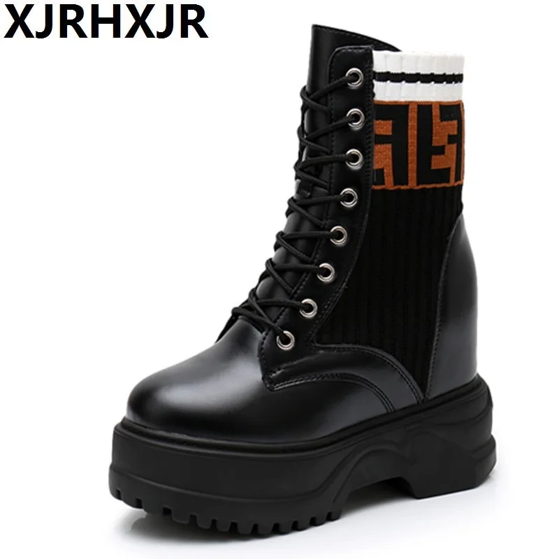 

Botines Mujer 2019 Pu Leather Ankle Boots Thick Bottom Wedge Boots 11cm High Women Autumn Winter Shoes Female Round Toe Botas