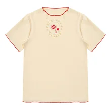 Женская летняя футболка, розовая, милая, с вышивкой клевера, короткий рукав, консервативный стиль, для девушек, Свободный Топ, футболка, хлопок