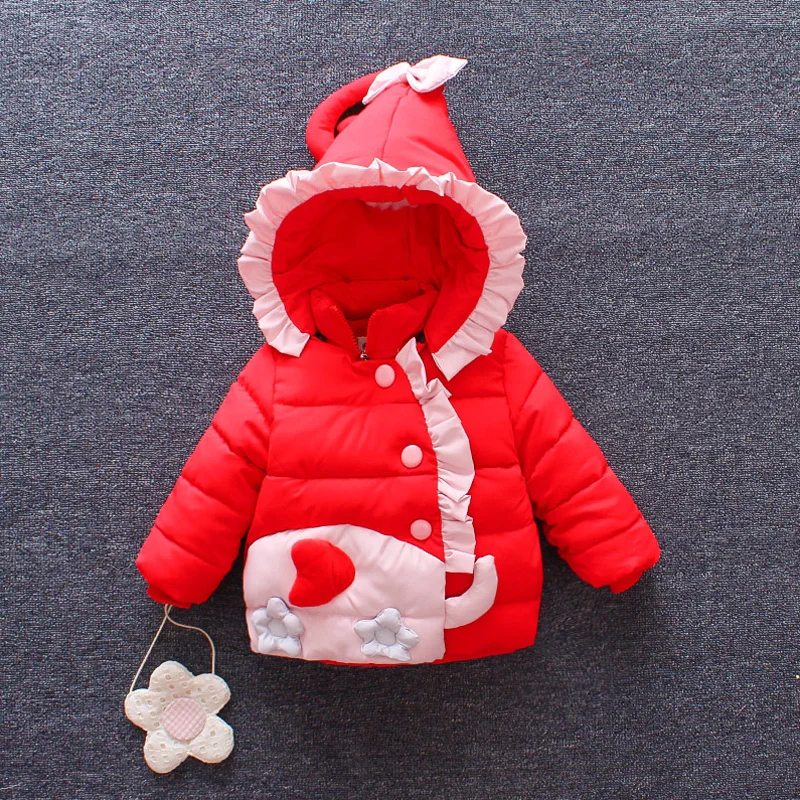

Toddler Baby Girls Winter Coat Autumn Hooded Jacket Thick Warm Cotton-padded Jackets Cartoon Floral Outwear Patchwork Tops JF296