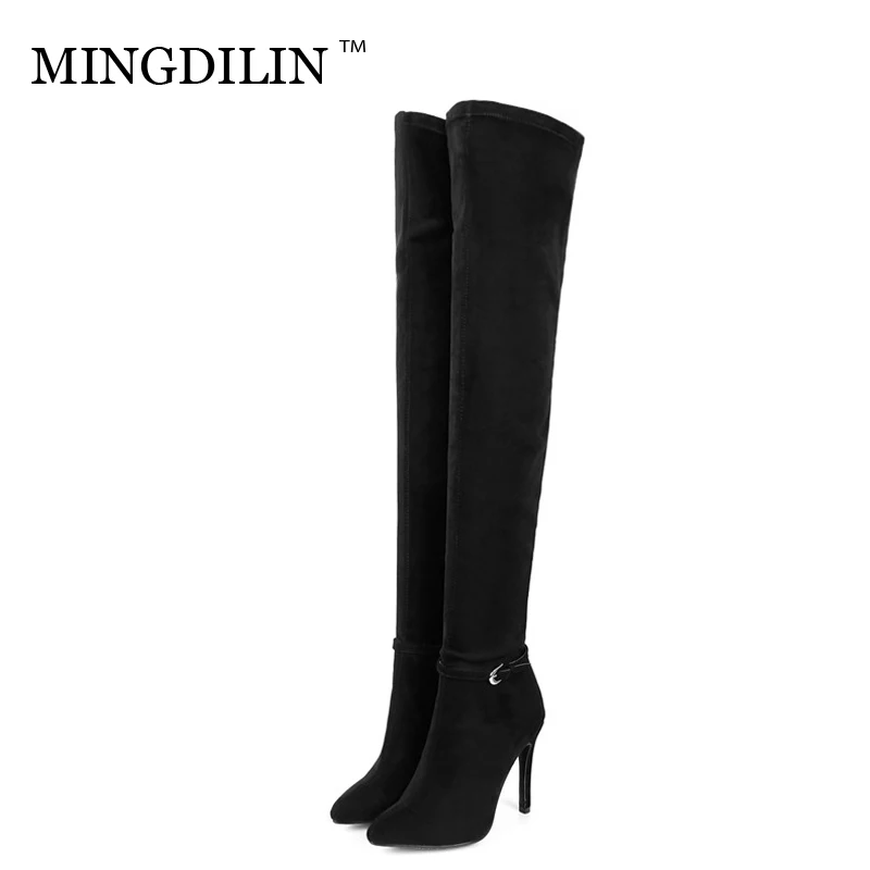 

MINGDILIN Winter Women's Sexy Knee High Boots Woman Thigh High Boots Black Gray Pointed Toe Over The Knee Boots Fashion 2018
