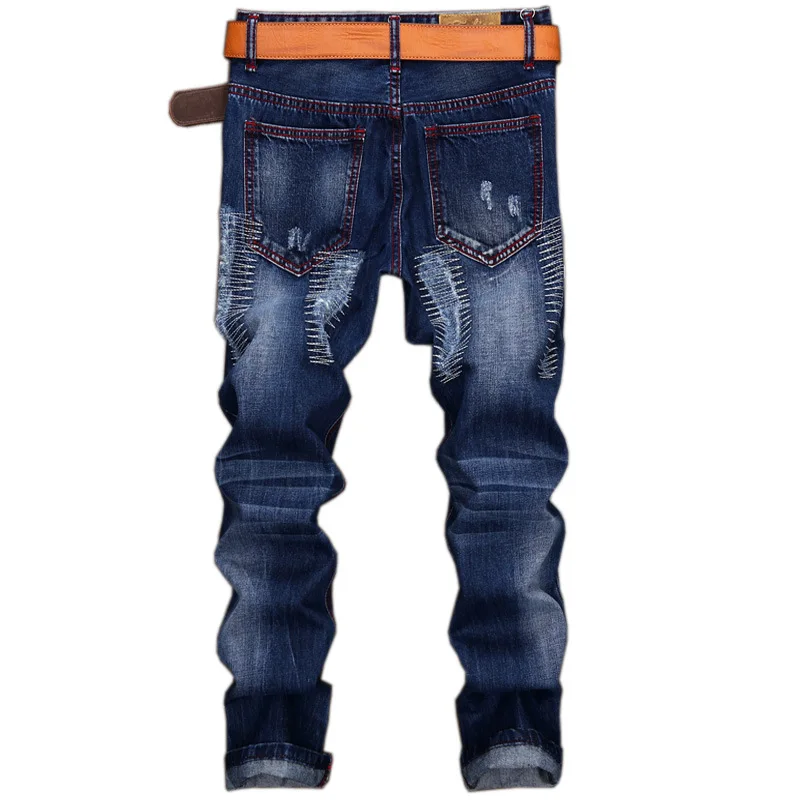 Мужские джинсы, дизайнерские, модные, байкерские, с дырками, облегающие, прямые, рваные джинсы, синие, брендовые, повседневные, мужские брюки, размер 28-42