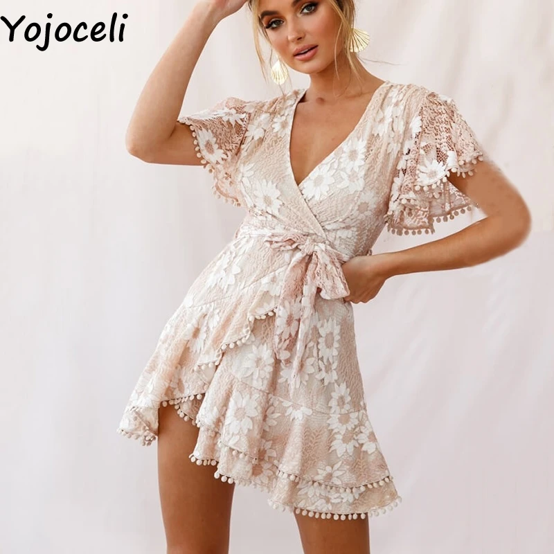 Yojoceli/элегантное кружевное платье с цветочным принтом женские летние сексуальные