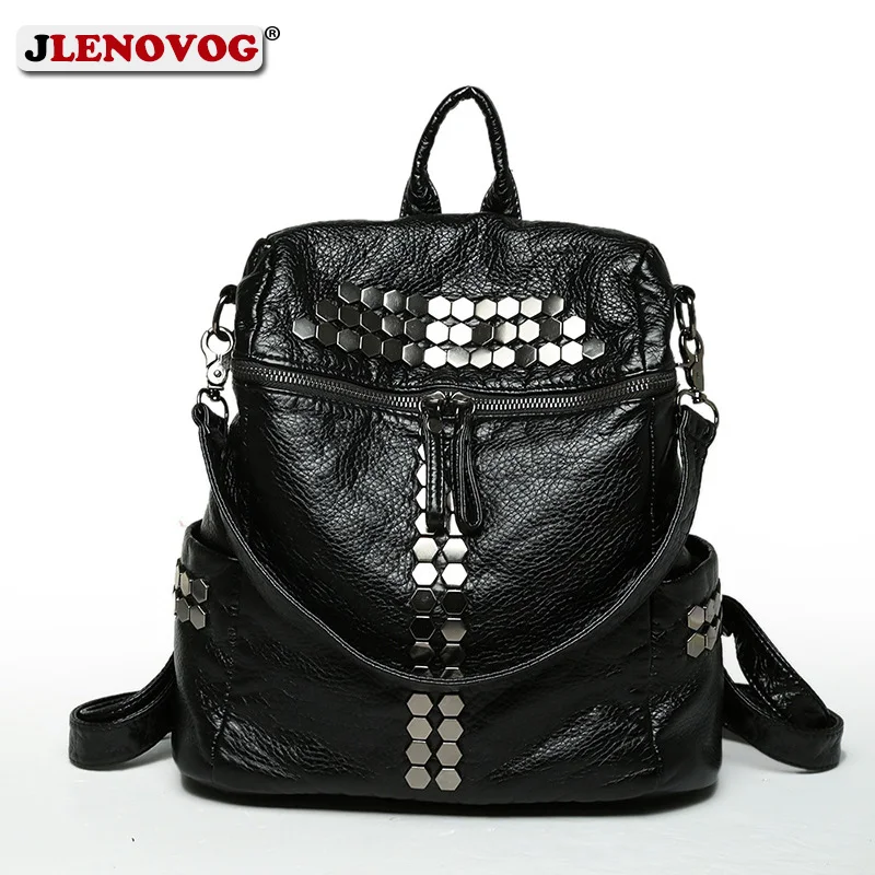 

Fashion Backpack Women Washed leather Medium Back Pack Black Punk Rivet Soft PU Motorcycle ruchsack Grey Shoulder Purse for Girl