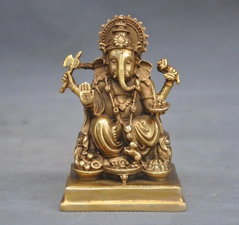 

wedding decoration 4" Tibet Buddhism Brass 4 Arms Elephant Jambhala Mammon Wealth God Buddha Statue