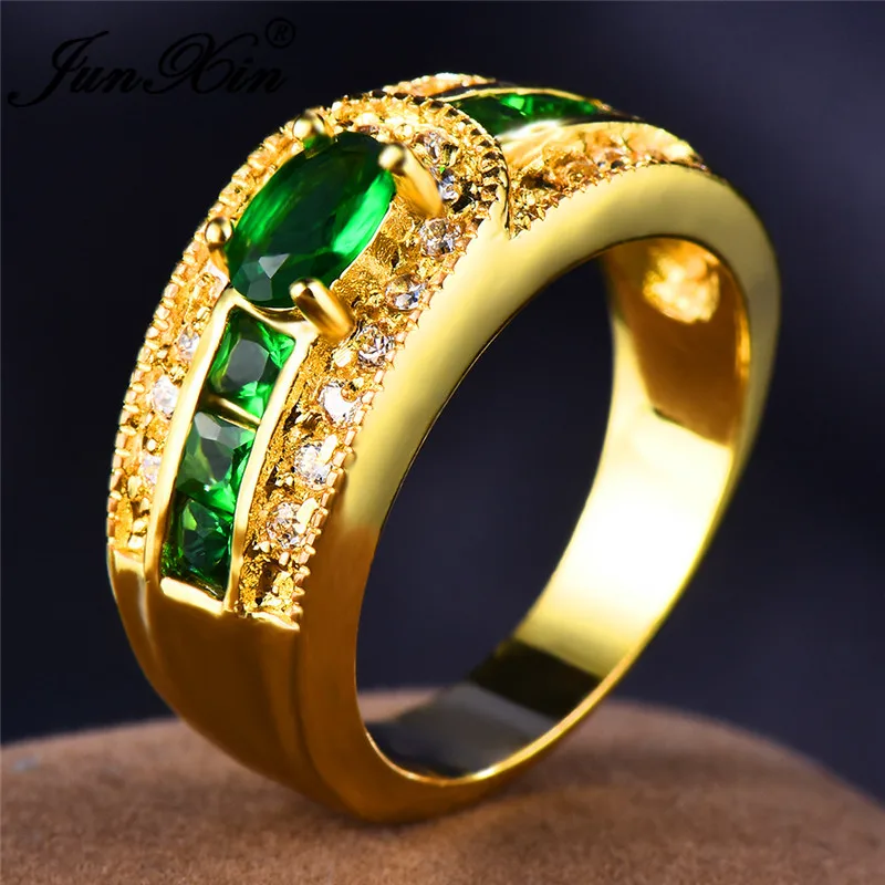 JUNXIN мужской женский зеленый камень для родившихся в мае кольца для Для мужчин Для женщин желтого золота овальной формы квадратные кольца Zircon Роскошная бумажная коробка подарка