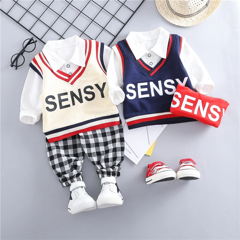 

HYLKIDHUOSE 2019 Children Clothing Sets Baby Girls Boys Clothes Suits Vest Lapel T Shirt Plaid Pants Todder Infant Kids Costume