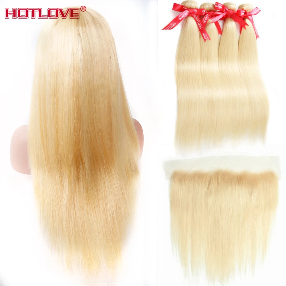 Hotlove Brazilian Straight Human Hair Weave 3 Bundles Hair With Lace
Frontal Closure With 613 Blonde Remy Human Hair Bundles