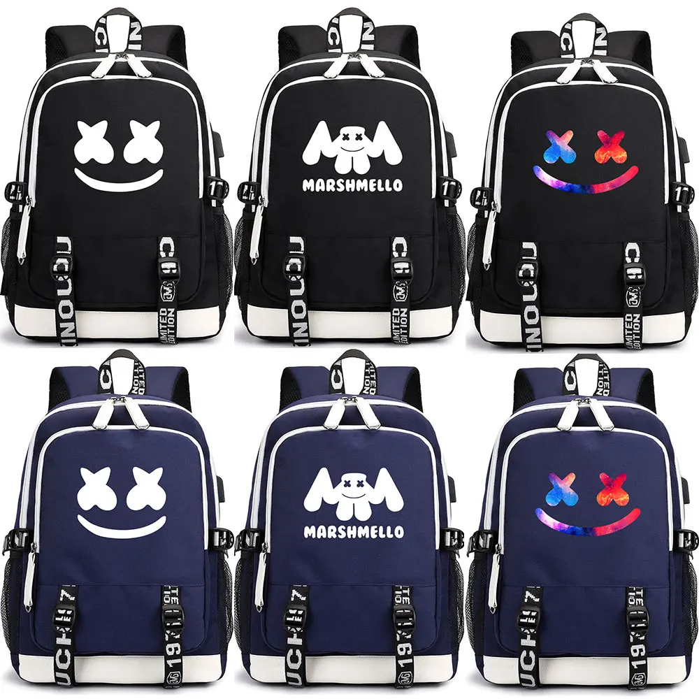 

New Electronic Music DJ Marshmello USB Headphone Jack Boy Girl School bag Women Teenagers Canvas Men Laptop Backpack Packsack