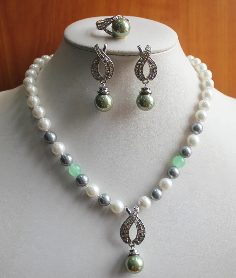 

wedding jewelry set!Wholesale simple and noble Women's mixed white gray pear jade stone Necklace earring ring(7/8/9) set #214