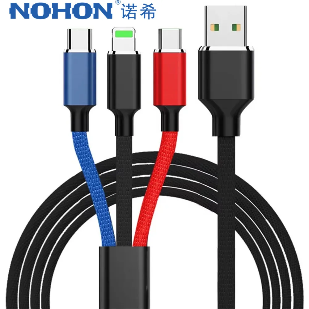 

NOHON Nylon 3 In 1 Lighting Fast Charger Cable Micro USB Type C For Samsung Xiaomi 5 For iPhone X 7 8 6 Plus Charging Line 1.2M